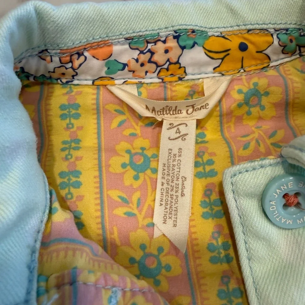 Matilda Jane Mint‎ Green Polka Dot Denim Jacket Floral Trim Girls Size 4